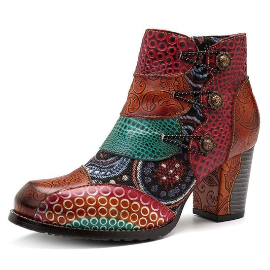 Vintage Splicing Printed Ankle Boots For Women Shoes Woman Genuine Leather Retro Block High Heels Women Boots 2020 - LiveTrendsX