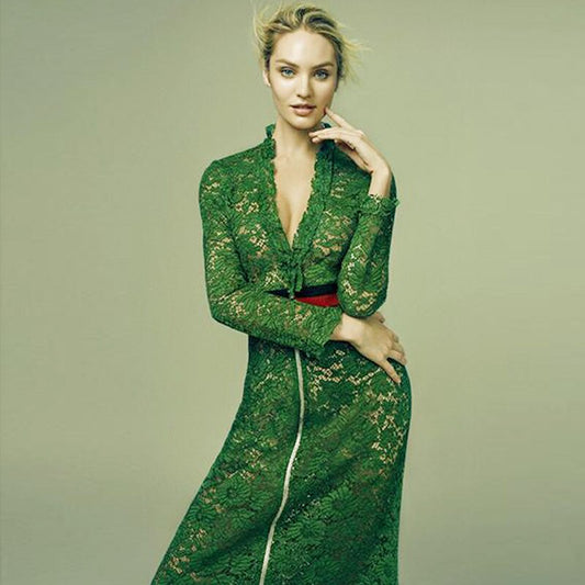 Elegant Chic Long Sleeve Lace Midi Dress