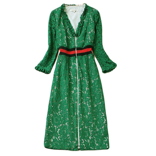 Elegant Chic Long Sleeve Lace Midi Dress