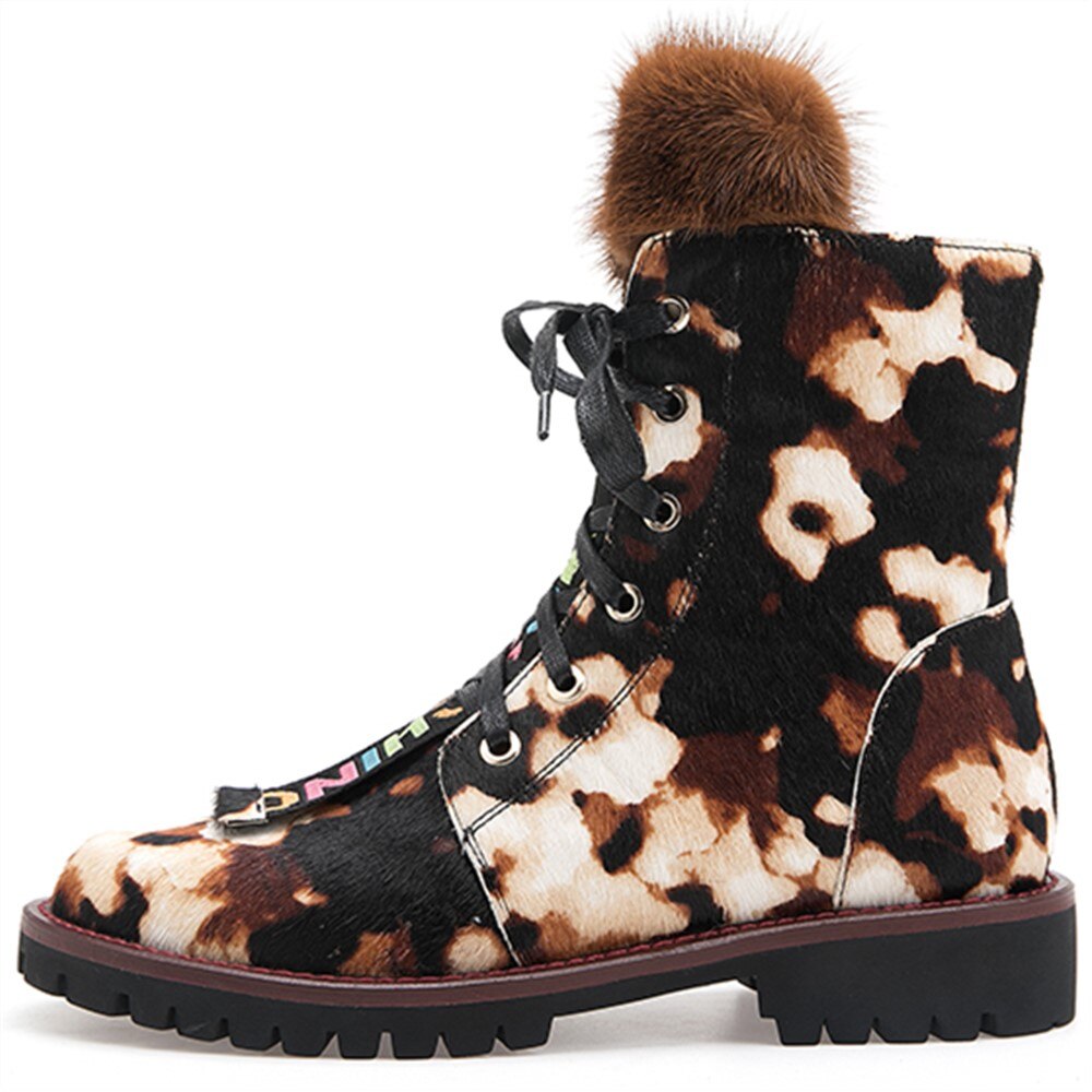 Women Ankle Boots Horsehair Low Heel Lace Up Leopard Non Slip Autumn Winter Ladies Shoes Platform 2019 Real Fur - LiveTrendsX