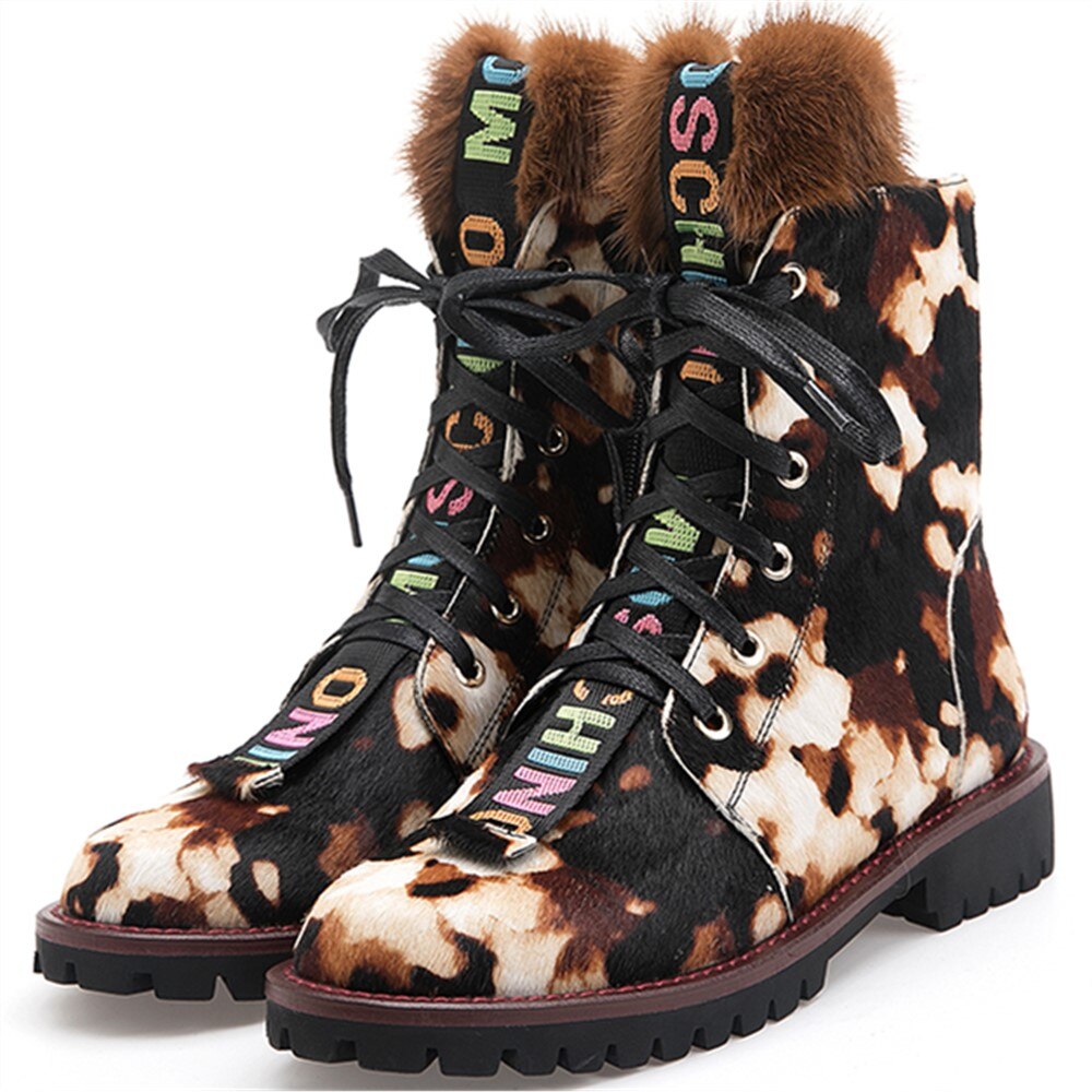 Women Ankle Boots Horsehair Low Heel Lace Up Leopard Non Slip Autumn Winter Ladies Shoes Platform 2019 Real Fur - LiveTrendsX