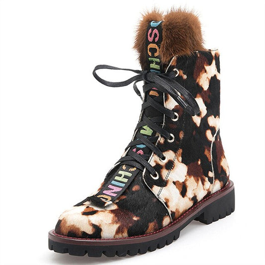 Women Ankle Boots Horsehair Low Heel Lace Up Leopard Non Slip Autumn Winter Ladies Shoes Platform 2019 Real Fur - LiveTrendsX