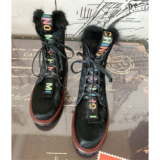 Women Ankle Boots Horsehair Low Heel Lace Up Leopard Non Slip Autumn Winter Ladies Shoes Platform 2019 Real Fur - LiveTrendsX