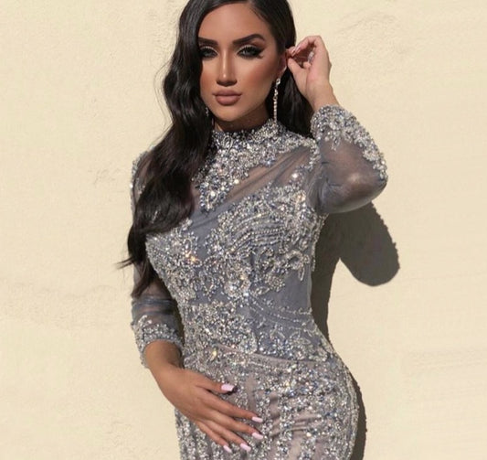 Muslim Grey Luxury Long Sleeves Evening Dresses 2020 Mermaid Diamond Sequined Sparkly Formal Dress - LiveTrendsX
