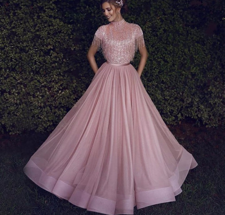 Pink Tassel Beading A-Line Tulle Evening Dresses 2020 High Collar Short Sleeveless Formal Dress - LiveTrendsX