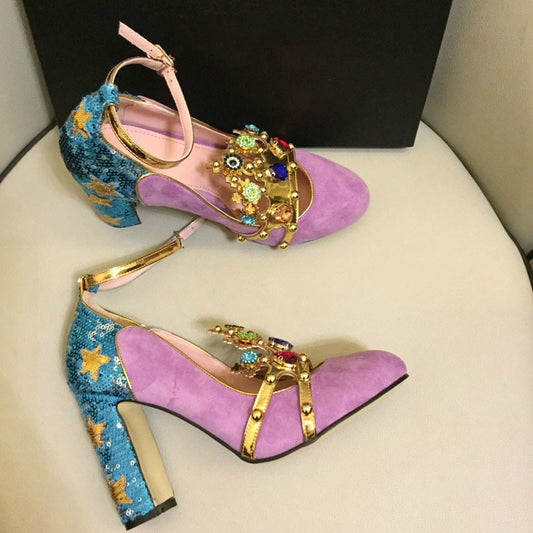 Pink Wine Red Kidsuede Women Pumps Rivets Rhinestone Crown Decor High Heels Mary Janes Flower Crystal Wedding Shoes for Ladies - LiveTrendsX