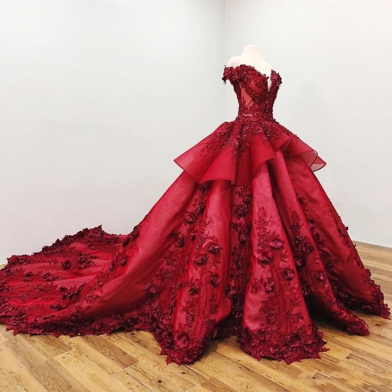 Sweet 16 Dark Red Quinceanera Dresses Off The Shoulder 3D Floral Applique Girls Ball Gown Pageant Gowns Formal Bridal Dress - LiveTrendsX