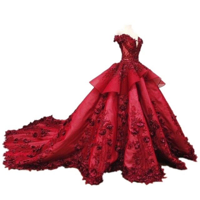 Sweet 16 Dark Red Quinceanera Dresses Off The Shoulder 3D Floral Applique Girls Ball Gown Pageant Gowns Formal Bridal Dress - LiveTrendsX
