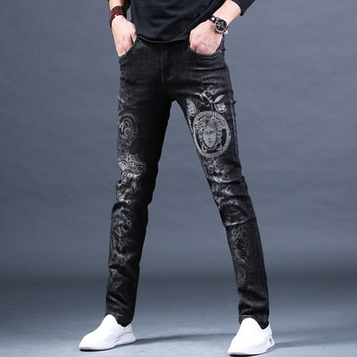 New Male fashion men's jeans Embroidered Print High-end Brand Trousers Hole Casual slim Pants Loose Straight - LiveTrendsX
