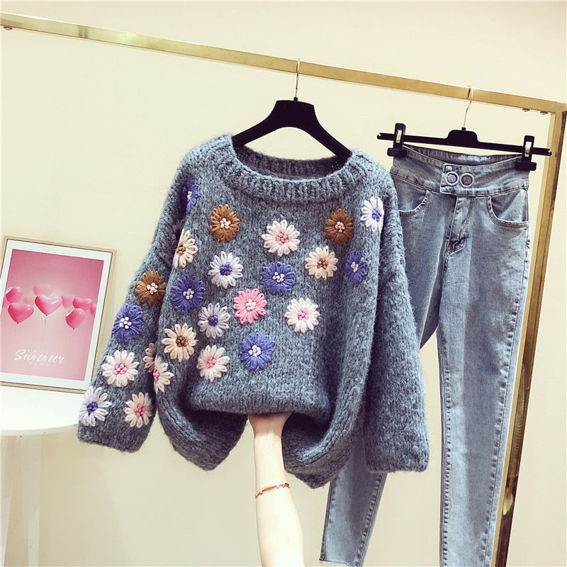 Sweater Women's 2020 Spring Winter Retro Handmade Three-dimensional Flower Lazy Wind Sweater Loose-Fit Sweaters Ladies Jumper - LiveTrendsX