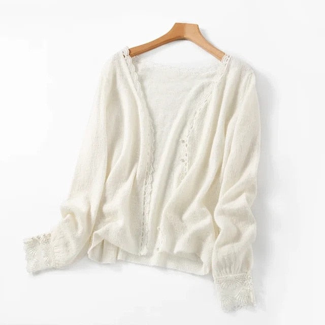 Lace Patchwork Knitted Cardigan Women Chic V Neck Long Sleeve White Knitted Sweater Jacket Tops - LiveTrendsX