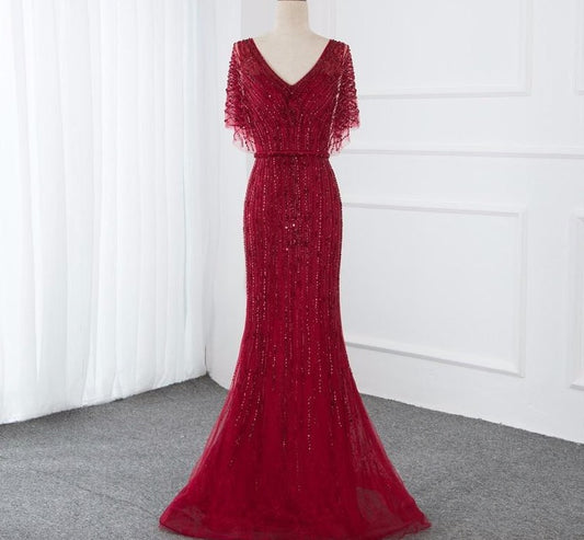 Champagne Dubai Luxury Half Sleeves Evening Dresses 2020 Mermaid Beading Crystal Evening Gowns Design - LiveTrendsX