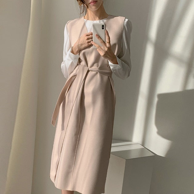 New 2020 Autumn Spring  Women Dresses Sashes Solid Split Straight Knitting Warm Sweater Elegant Office Ladies - LiveTrendsX