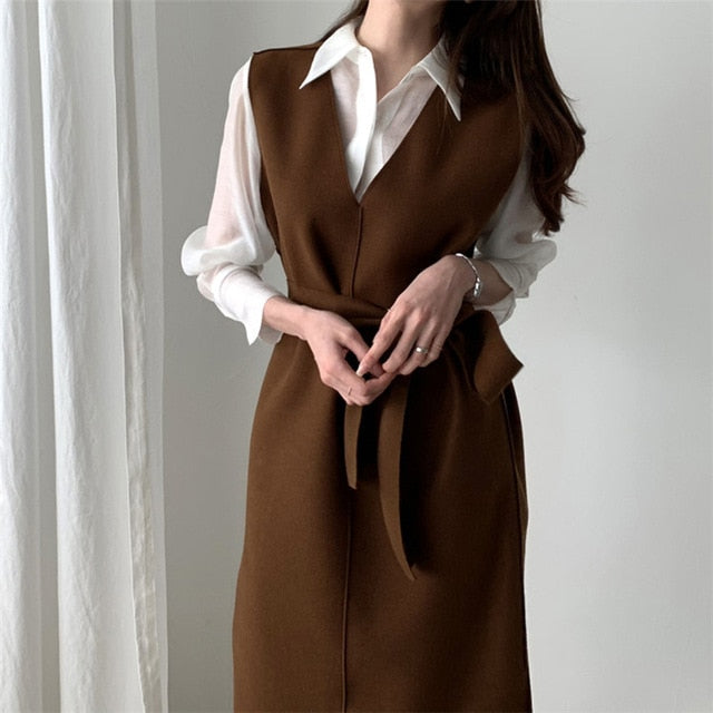 New 2020 Autumn Spring  Women Dresses Sashes Solid Split Straight Knitting Warm Sweater Elegant Office Ladies - LiveTrendsX