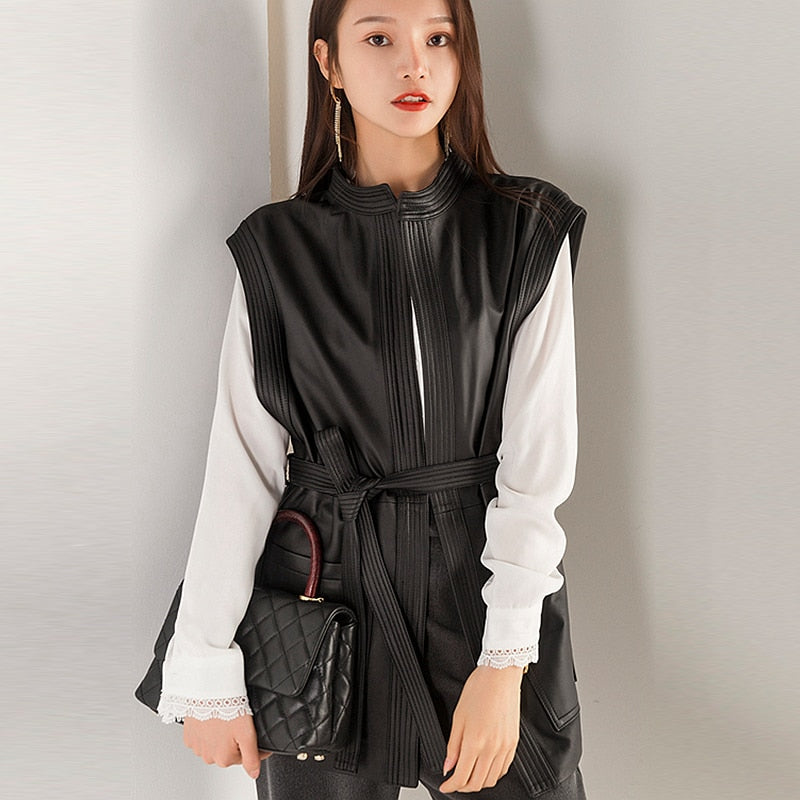 Leather Sheepskin Vest Womens Classical Designs Solid Lacing Belt Pockets Sleeveless Coat 2 Colors Casual Vest New Fashion Style - LiveTrendsX