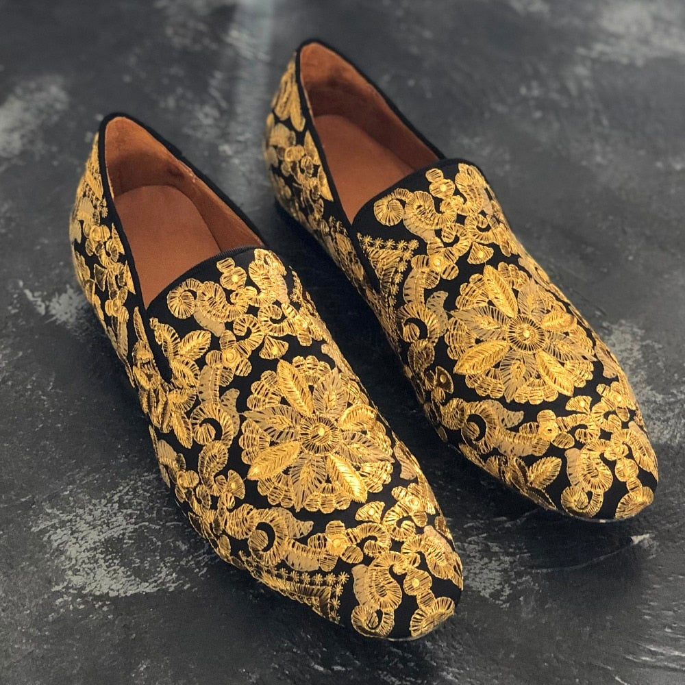 Men Wedding Shoes Gold Emebroidered Loafers Fashionable Nightclub Party Shoes Zapatos Hombre - LiveTrendsX