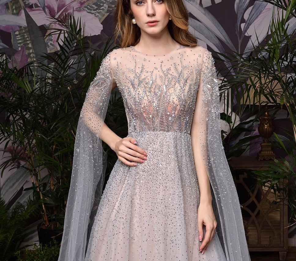 Silver Grey Luxury Dubai Evening Dresses 2020 Long Sleeves O-Neck A-Line Sexy Evening Gowns - LiveTrendsX