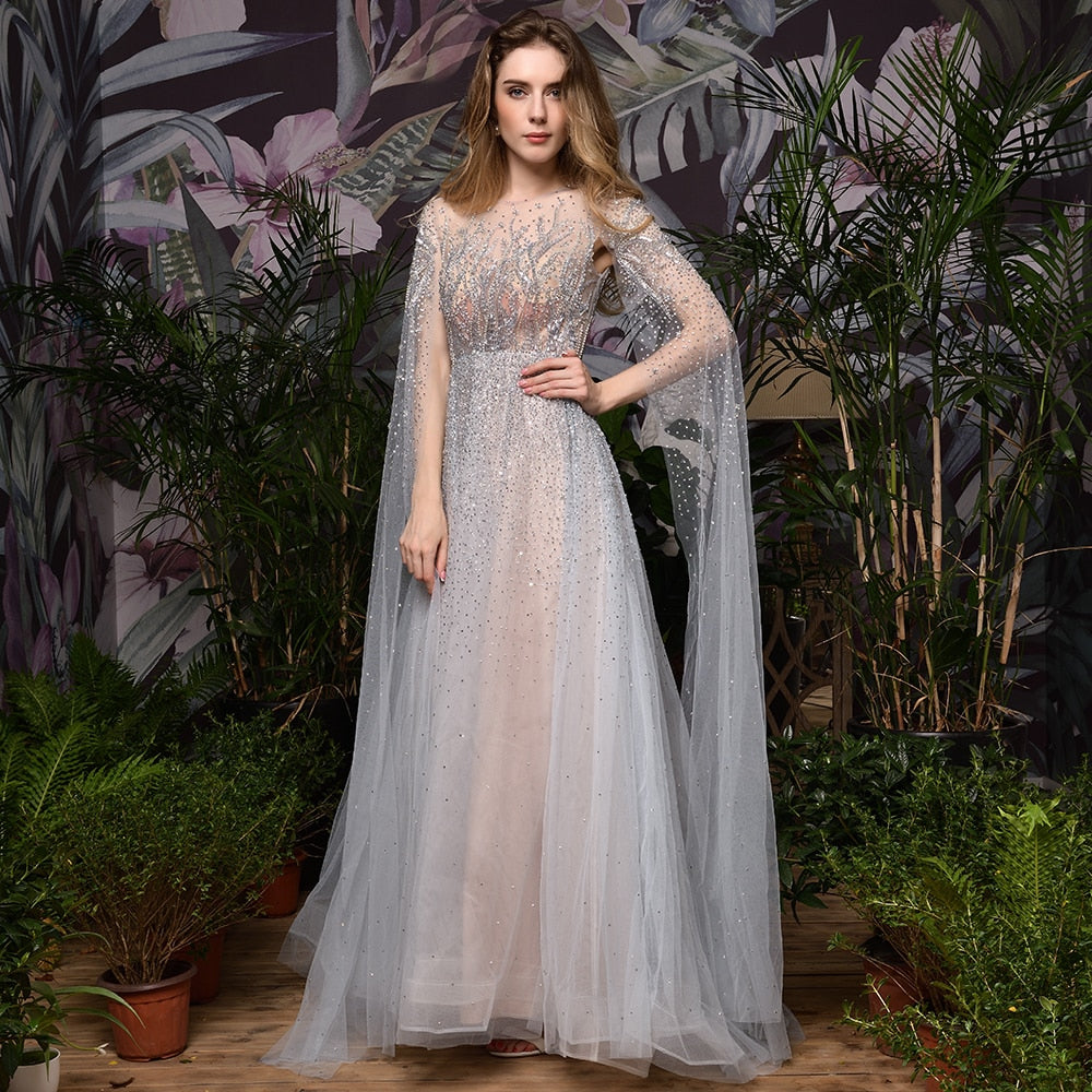Silver Grey Luxury Dubai Evening Dresses 2020 Long Sleeves O-Neck A-Line Sexy Evening Gowns - LiveTrendsX