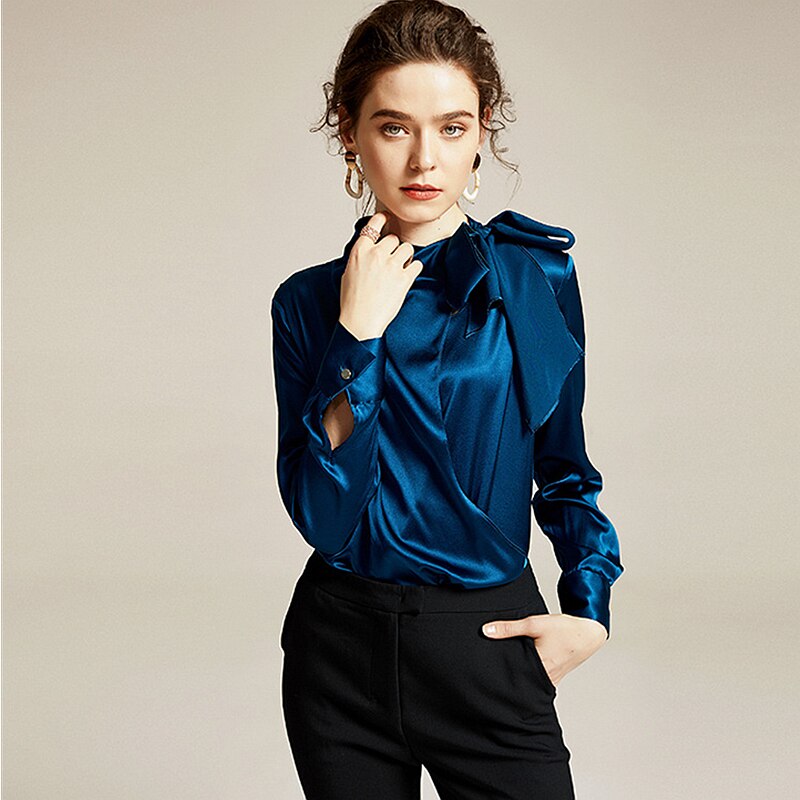Women Blouse 95% Silk Bow Neck Solid Womens long sleeve shirt women High Quality Silk Blouses Casual New Fashion - LiveTrendsX