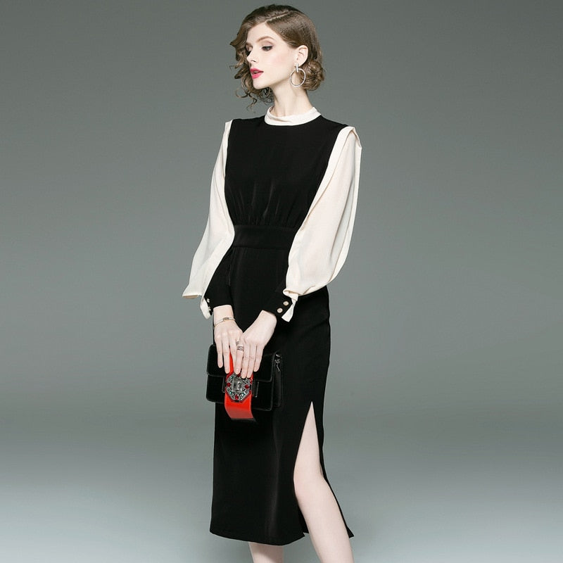 autumn new classic contrast color slim dress round neck long sleeve OL commuter long dresses step female - LiveTrendsX