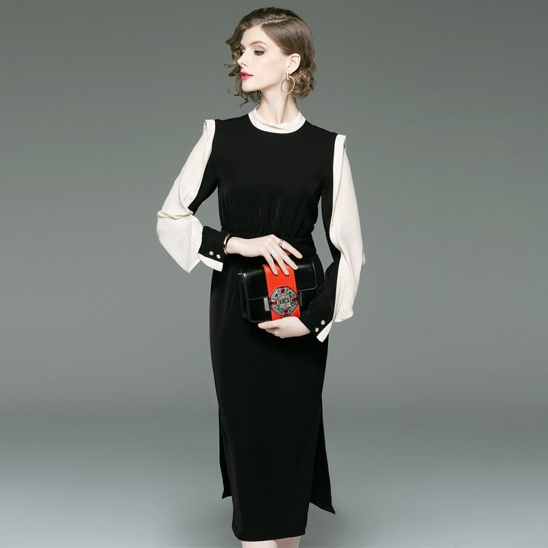 autumn new classic contrast color slim dress round neck long sleeve OL commuter long dresses step female - LiveTrendsX