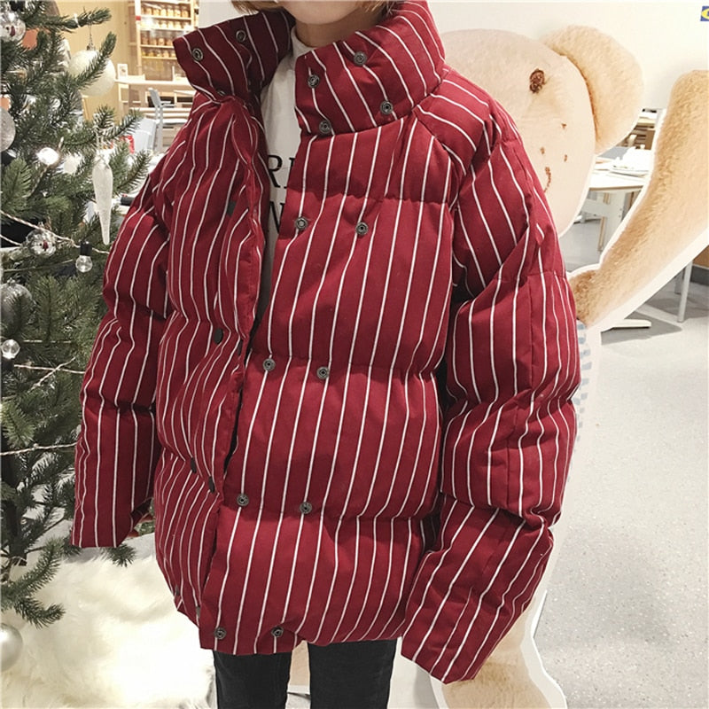 women's winter thick stand collar striped big size loose double breasted short cotton coat jackets female super thick coats - LiveTrendsX