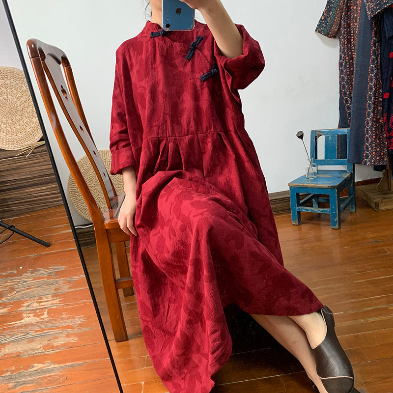 women's dress, vintage, placket, loose large-size cotton and linen long - LiveTrendsX