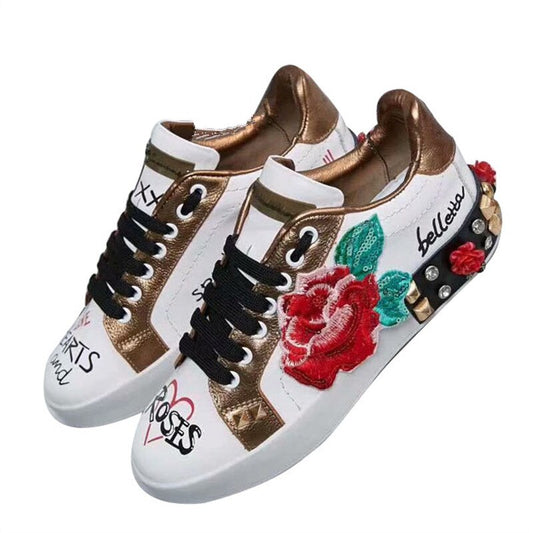 Rose Graffiti Rhinestone Flats Print Genuine Leather Sneakers Fashion Lace Up Quality Round Toe Ladies Loafer Shoes Women - LiveTrendsX