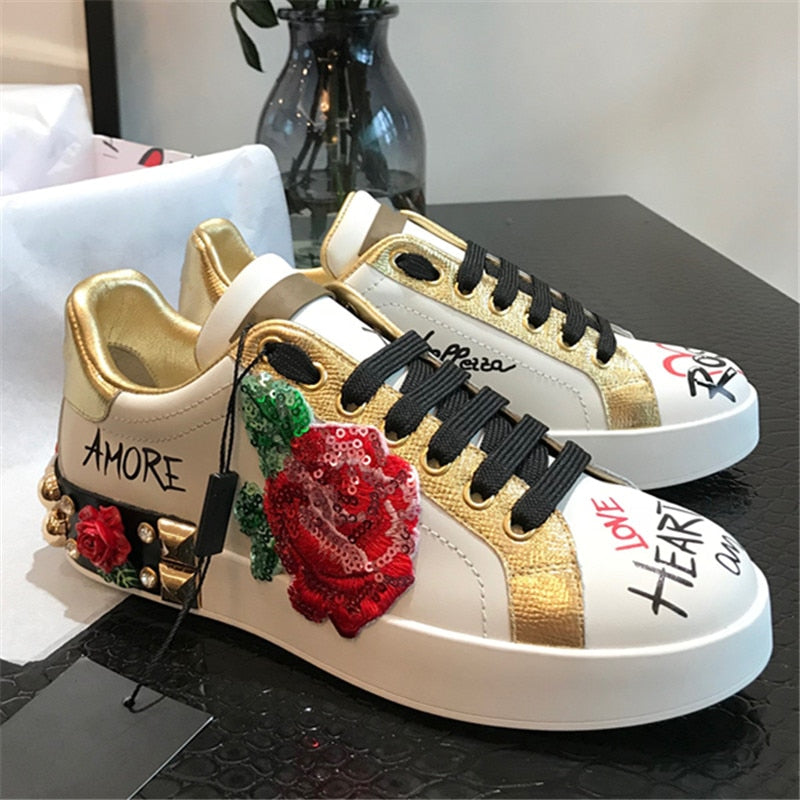 Rose Graffiti Rhinestone Flats Print Genuine Leather Sneakers Fashion Lace Up Quality Round Toe Ladies Loafer Shoes Women - LiveTrendsX