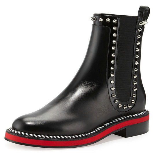 Luxury Genuine Leather Chelsea Boots Woman Brand Design Flat boots Fall Red Ankle Boots Ladies Fashion Studded Boots - LiveTrendsX