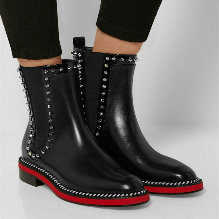 Luxury Genuine Leather Chelsea Boots Woman Brand Design Flat boots Fall Red Ankle Boots Ladies Fashion Studded Boots - LiveTrendsX