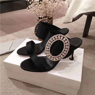 New Silk Two bands high heel Slippers shoes woman Luxury Big Circular rhinestone buckle Mules Dress party shoes jeweled sandals - LiveTrendsX