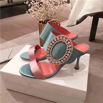 New Silk Two bands high heel Slippers shoes woman Luxury Big Circular rhinestone buckle Mules Dress party shoes jeweled sandals - LiveTrendsX