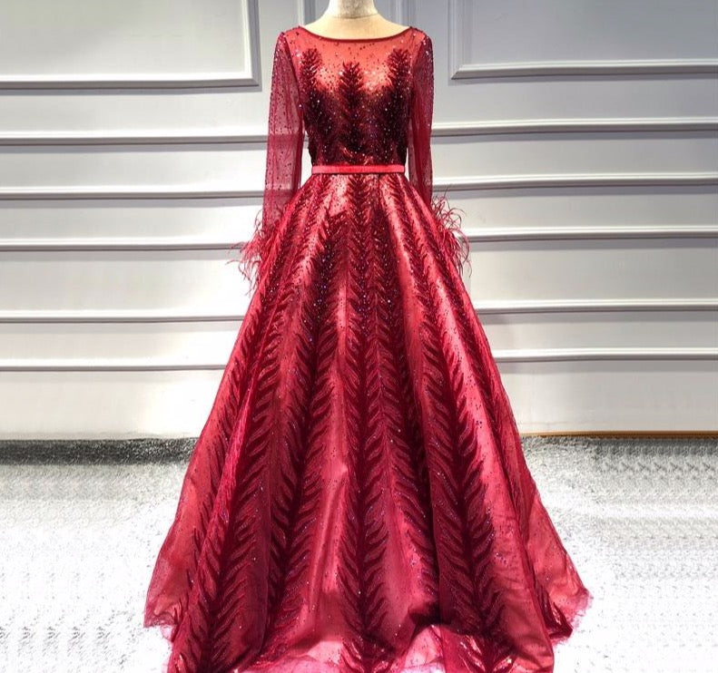Luxury Wine Red  Dubai Design Evening Dresses Long Sleeves Feathers Crystal Formal Dress 2020 - LiveTrendsX
