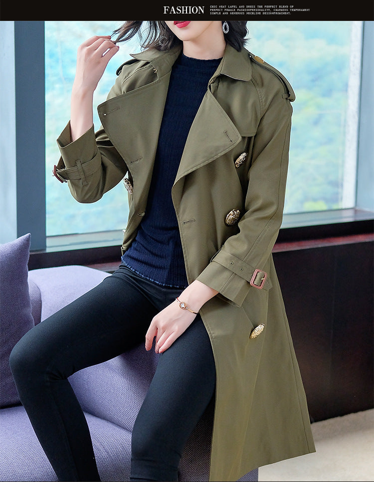 Fall and Winter New Windshirt Female Fashion Turn-lapel Temperament Long Sleeve Slim Army Green Long and Medium-length Coat - LiveTrendsX