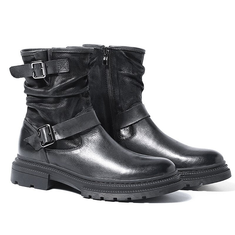 Men Full Grain Leather Pure Black Motorcycle Boots Winter