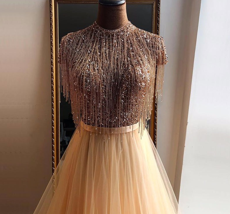 Pink Tassel Beading A-Line Tulle Evening Dresses 2020 High Collar Short Sleeveless Formal Dress - LiveTrendsX