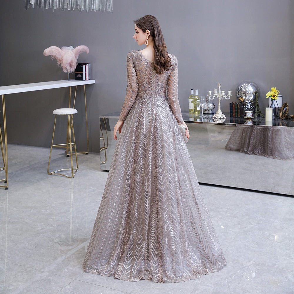 Dubai Luxury Long Sleeve Evening Dress 2020 Gorgeous V-Neck Lace Pleated Beaded Crystal Sexy Formal Gown - LiveTrendsX