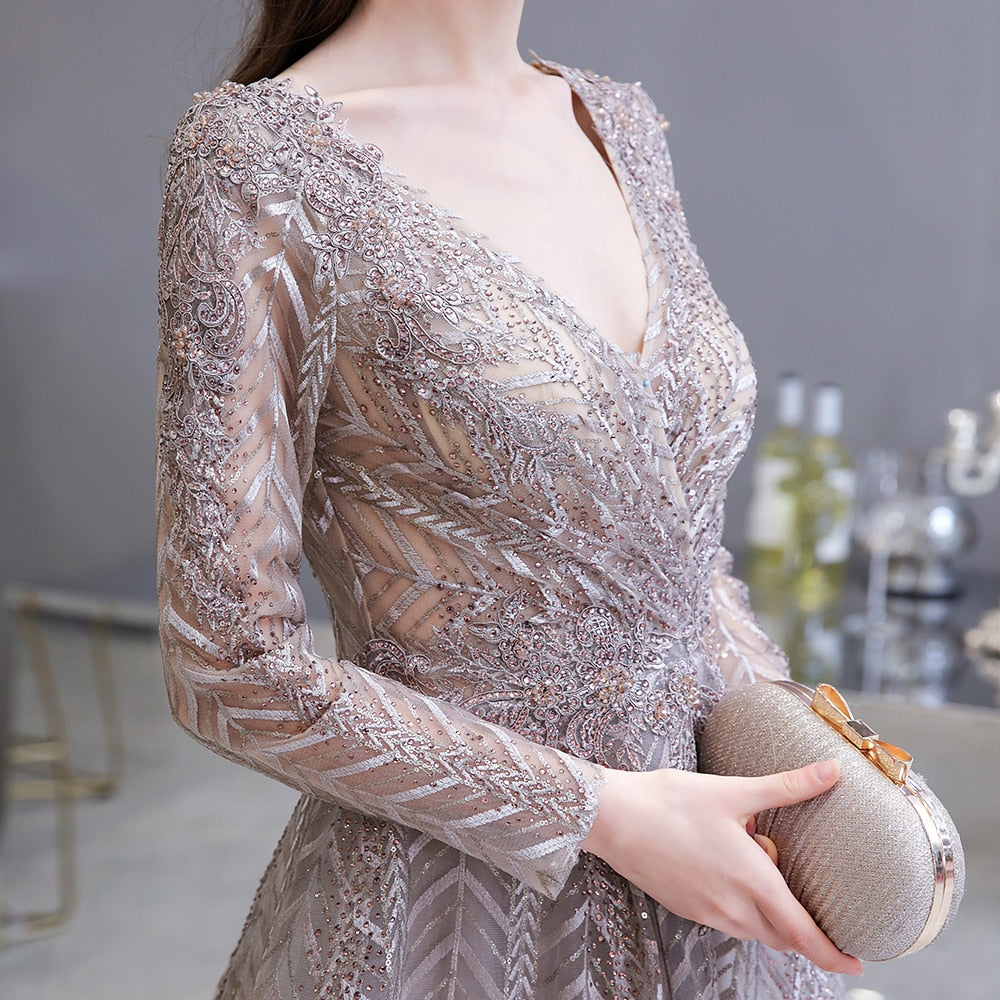 Dubai Luxury Long Sleeve Evening Dress 2020 Gorgeous V-Neck Lace Pleated Beaded Crystal Sexy Formal Gown - LiveTrendsX