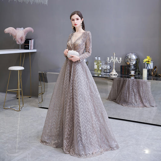 Dubai Luxury Long Sleeve Evening Dress 2020 Gorgeous V-Neck Lace Pleated Beaded Crystal Sexy Formal Gown - LiveTrendsX