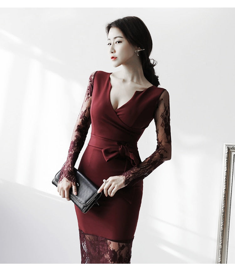 Autumn New Korean Version V-neck Long-Sleeved Dress Lace Patchwork Bow Tie Fashion Bodycon Pencil Dress Vestido - LiveTrendsX