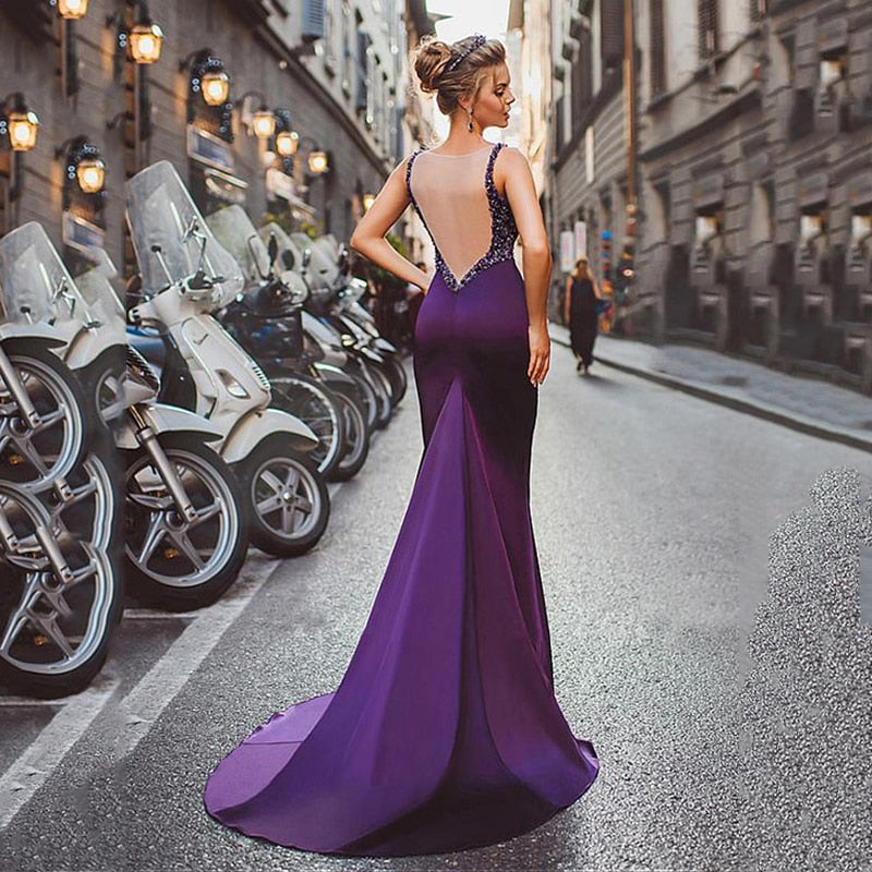 Satin Mermaid Long Evening Dresses 2020 Purple Beadings Women Backless Formal Party Elegant Long Evening Gown - LiveTrendsX