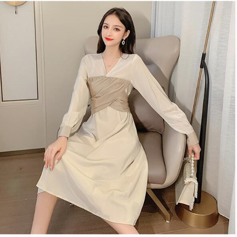 Long sleeve dress female  Korean spring new fashion temperament V-neck long fake two-piece stitching dress - LiveTrendsX