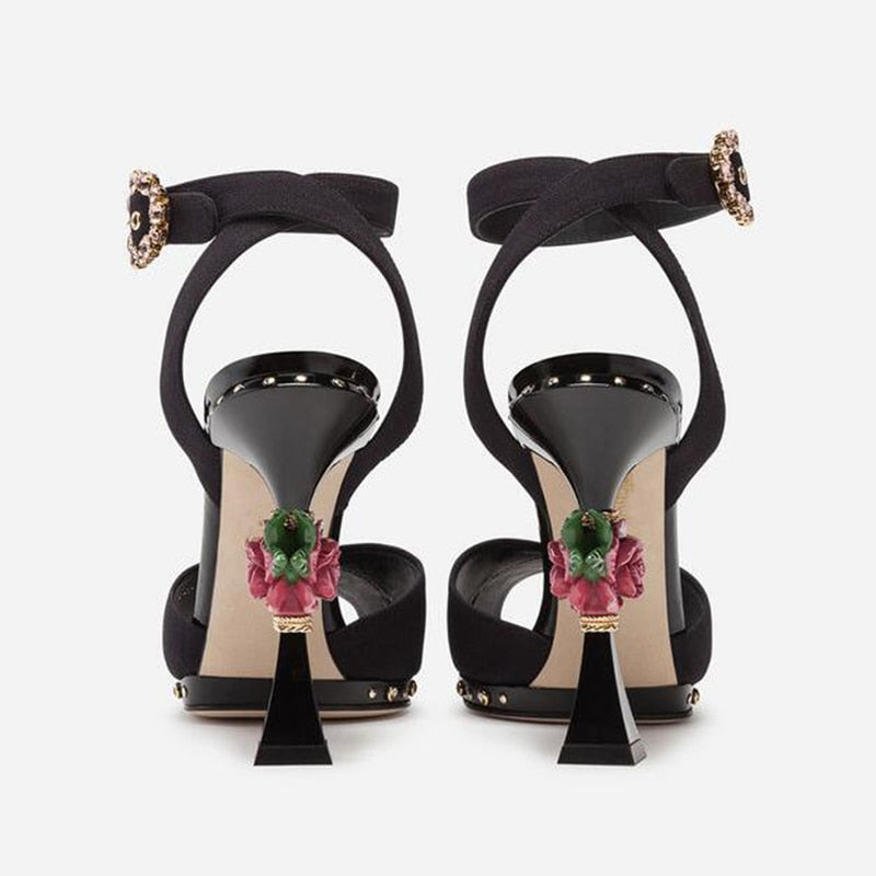 High end design high heels rose flower insert strange heel summer sandals floral printing formal wedding party shoes women - LiveTrendsX