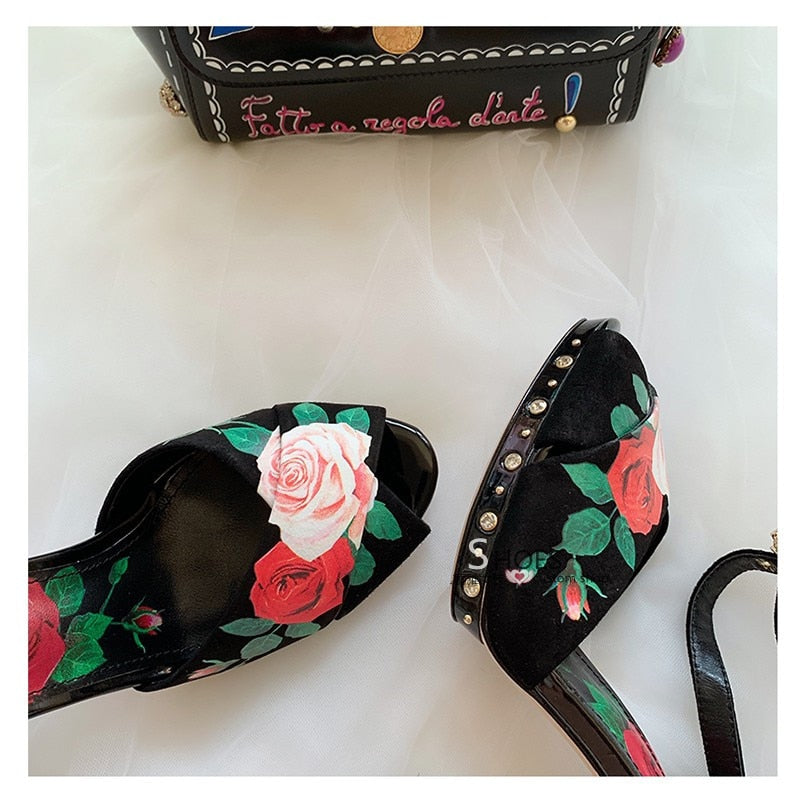 High end design high heels rose flower insert strange heel summer sandals floral printing formal wedding party shoes women - LiveTrendsX