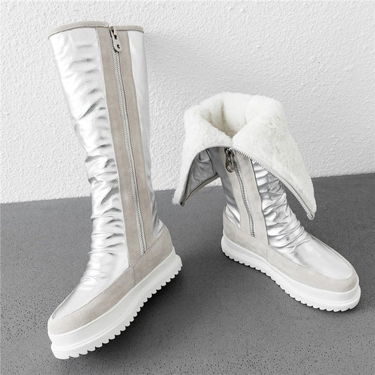 Plus size 34-43 New cow genuine leather boots women zipper nature wool warm snow boots ladies knee high winter boots - LiveTrendsX