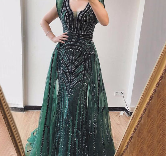 Dubai Navy Blue Deep-V Sexy Evening Dresses 2020 Sleeveless Crystal Luxury Mermaid Evening Gowns Design - LiveTrendsX