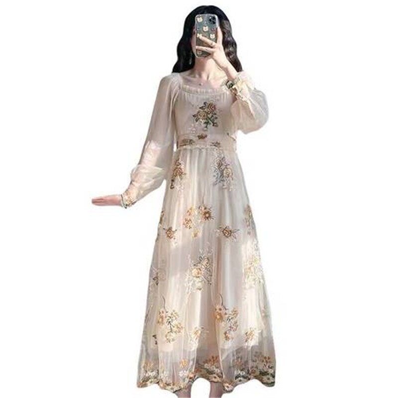 French summer new fashion square collar mesh embroidery stitching elegant temperament long-sleeved dress women - LiveTrendsX