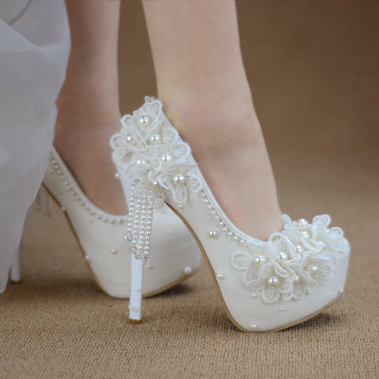 Bridesmaid shoes wedding dress lace white sweet flower tassel female womens shoes 6cm 8cm 11cm 14cm high heel Big size 43 - LiveTrendsX