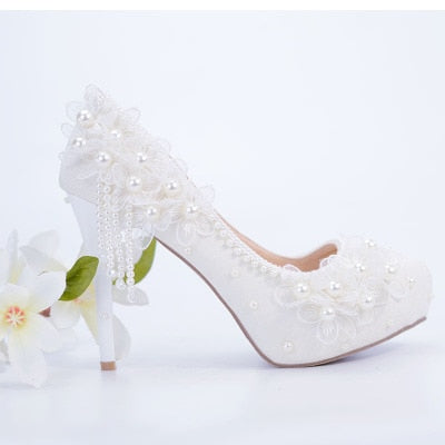 Bridesmaid shoes wedding dress lace white sweet flower tassel female womens shoes 6cm 8cm 11cm 14cm high heel Big size 43 - LiveTrendsX
